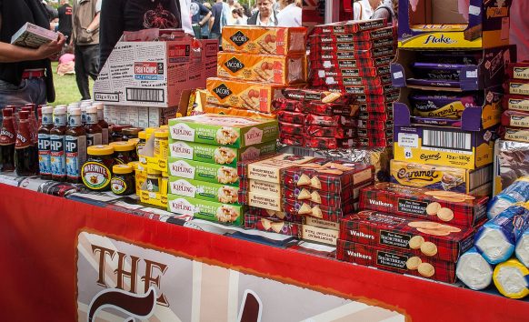 Verkaufsstand mit schottischen Lebensmitteln auf den Highlandgames in Xanten